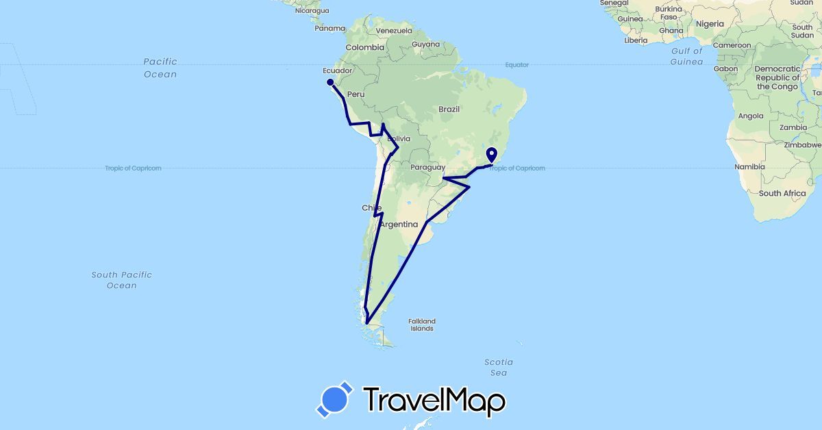 TravelMap itinerary: driving in Argentina, Bolivia, Brazil, Chile, Peru (South America)